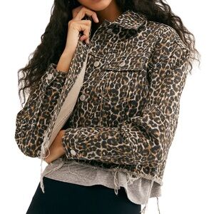 Free People Leopard Print Cropped Denim Jacket